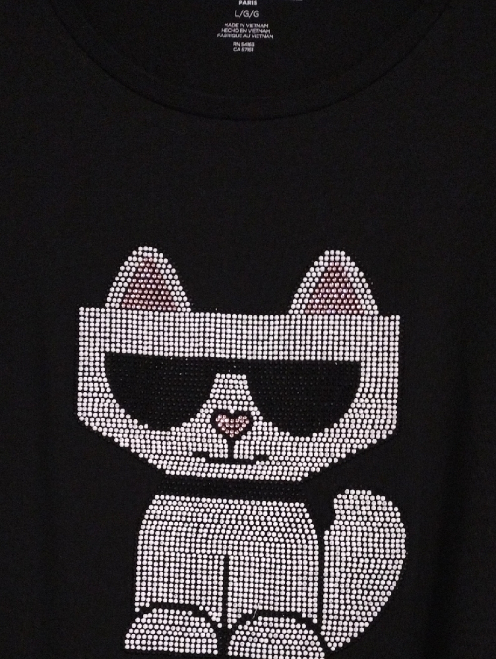 Karl Lagerfeld Black T-Shirt with Silver Rhinestone Cat - Picture 2 of 8